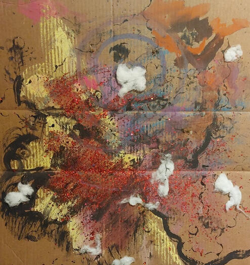 Chalk, Ink, Cotton, and Glitter on Cardboard